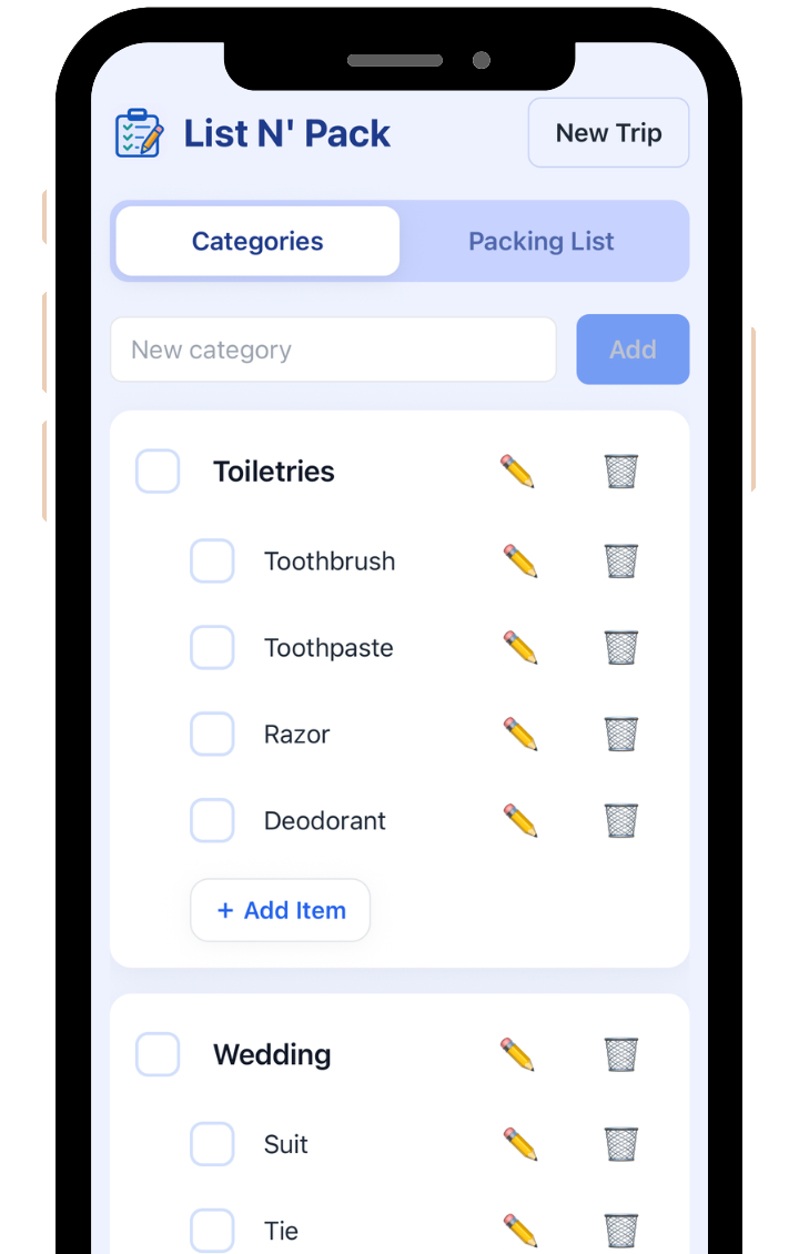 List N' Pack categories screen
